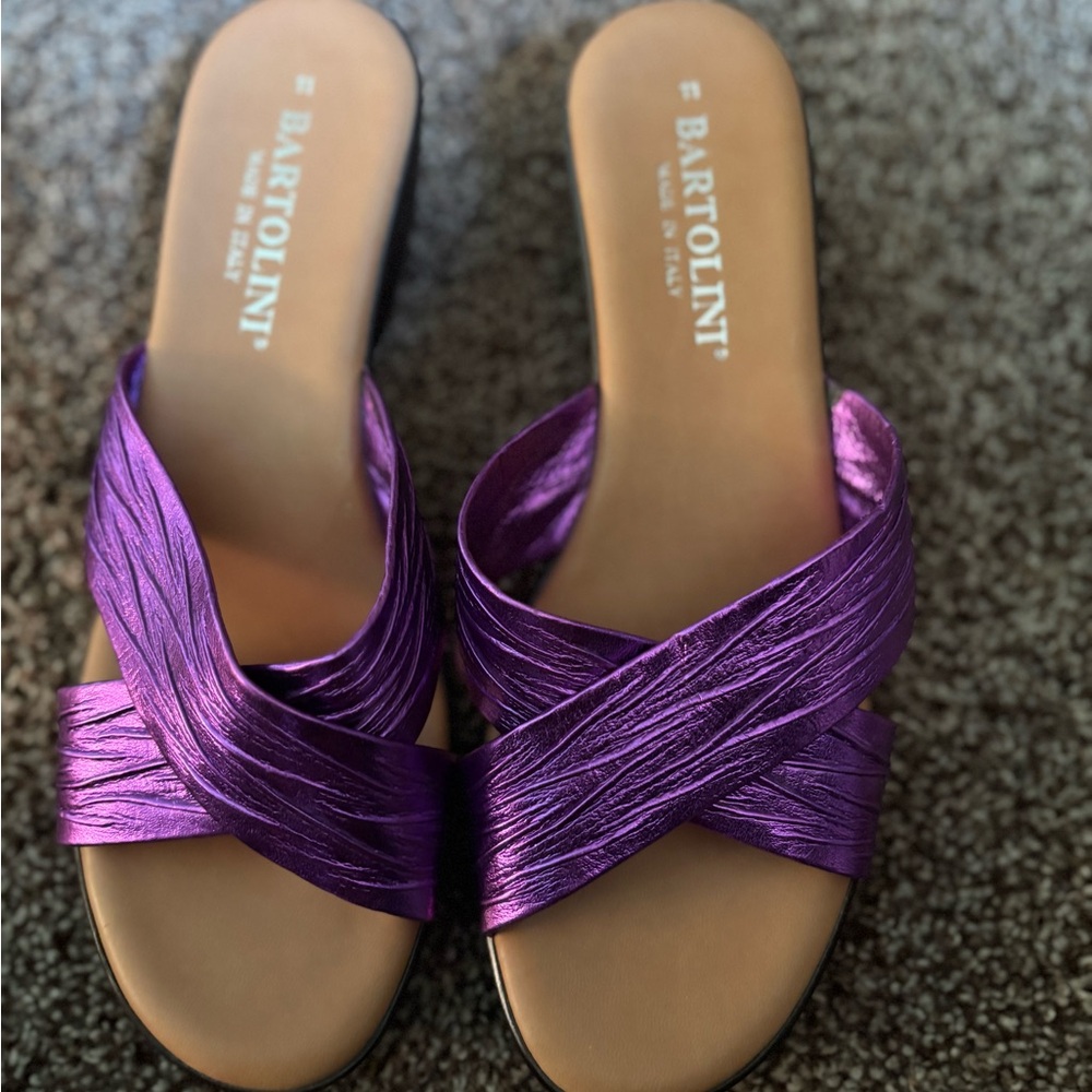 Bartolini Metallic Purple Wedge Sandals Women’s 10 Italy Resort Vacation Slides